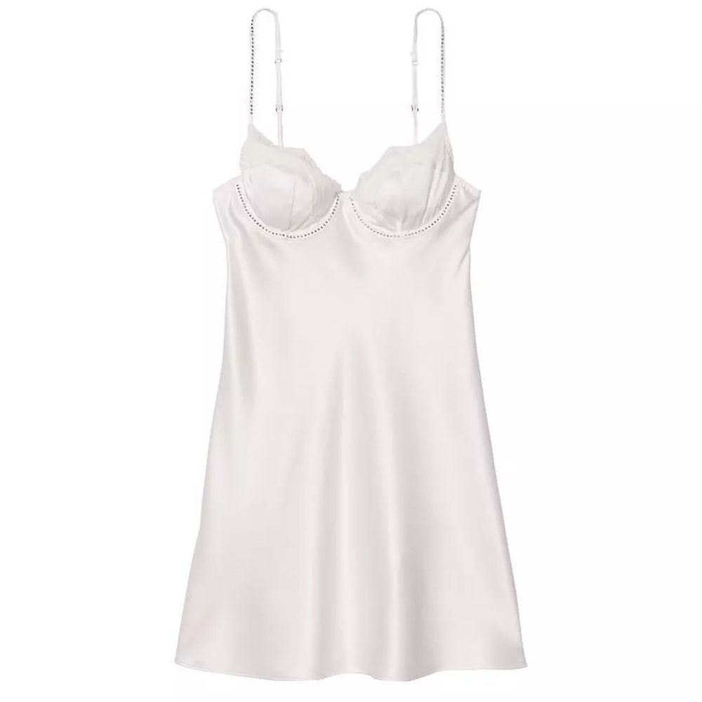 VICTORIA'S SECRET Satin Embellished Bride Cupped Mini Slip XL White Bridal Lace